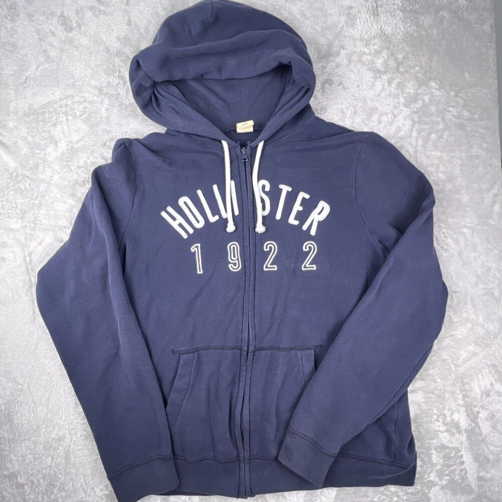 Hollister Hoodie Womens XL Blue Full Zip Fleece Sweatshirt 1922 Graphic Logo Y2K